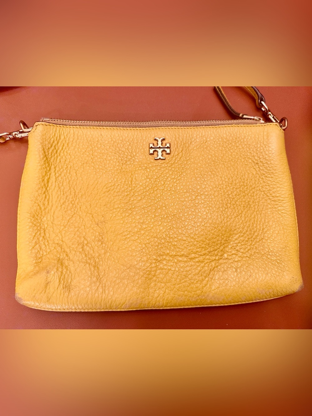 Tory Burch Pebbled Yellow Leather cross-body bag with Gold Logo